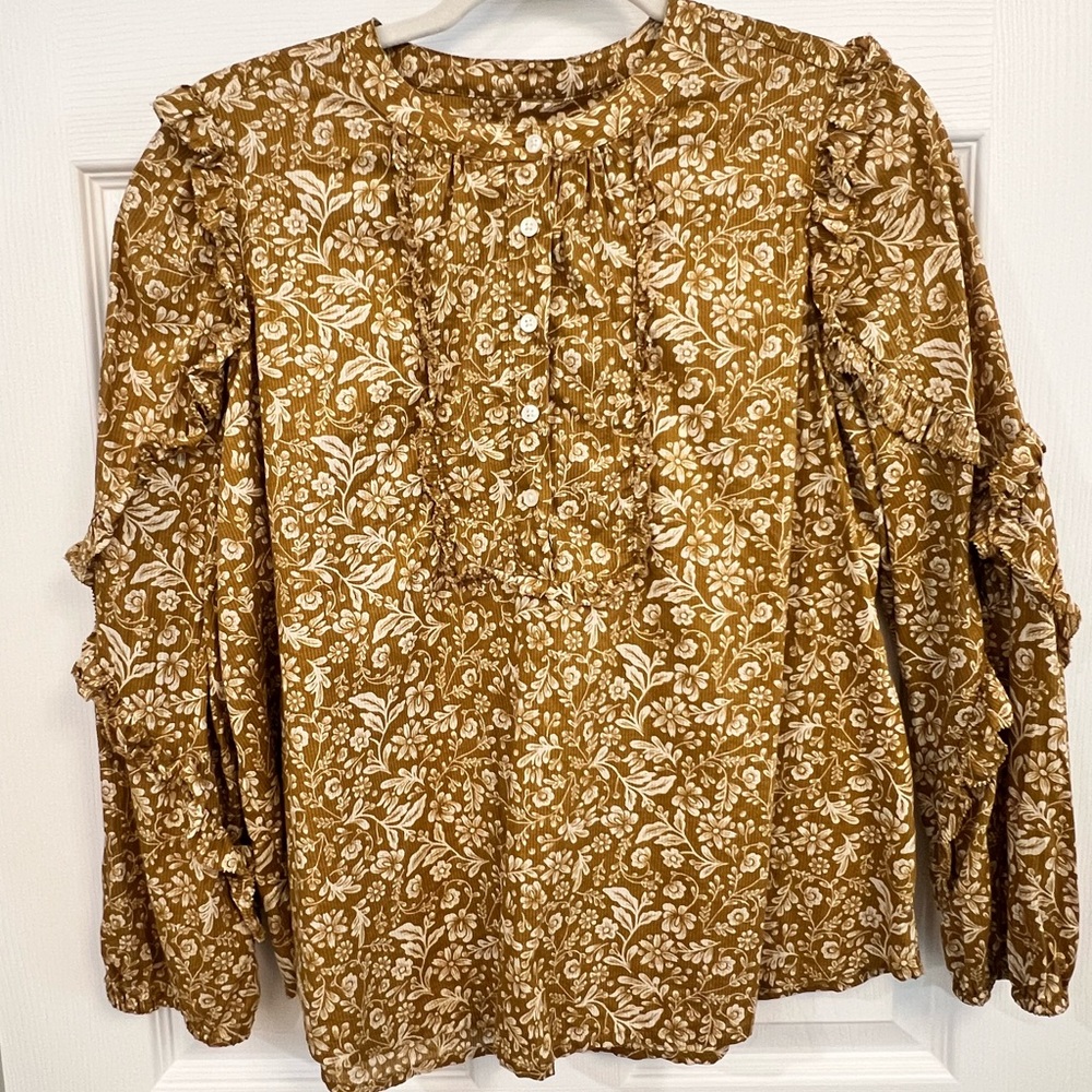 J. Crew Mustard Floral Ruffle Long-Sleeve Blouse
